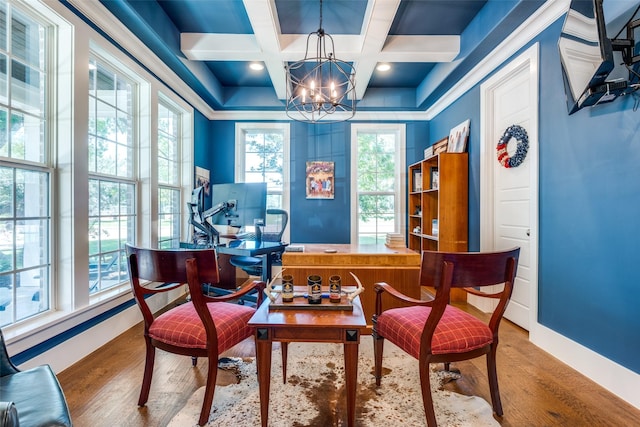 11240 Rosser Rd, Dallas, TX 75229 - office area featuring coffered ceiling, a chandelier, healthy amount of natural light, baseboards, and beam ceiling