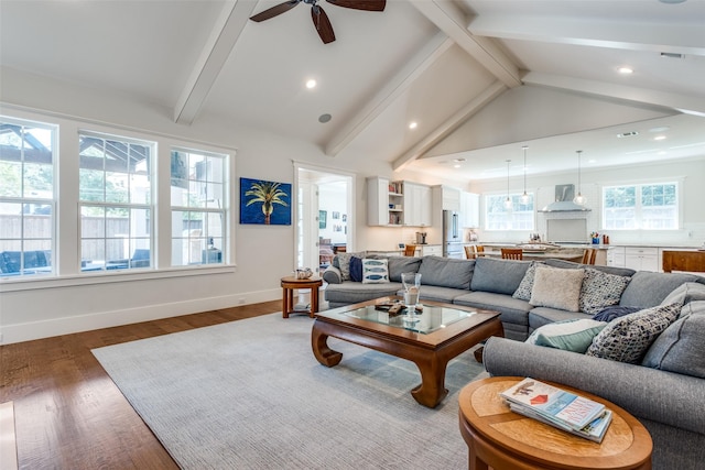 11240 Rosser Rd, Dallas, TX 75229 - living room featuring beam ceiling, a ceiling fan, wood finished floors, baseboards, and recessed lighting