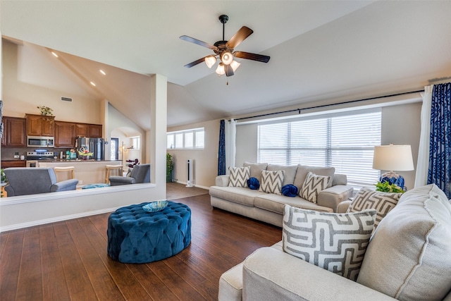 4806 Ashbury Ln, Mansfield, TX 76063 - living area with a ceiling fan, dark wood-style floors, high vaulted ceiling, and baseboards
