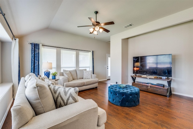 4806 Ashbury Ln, Mansfield, TX 76063 - living room featuring ceiling fan, wood finished floors, lofted ceiling, and baseboards