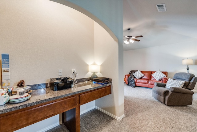 4806 Ashbury Ln, Mansfield, TX 76063 - living area with a ceiling fan, carpet flooring, arched walkways, and lofted ceiling