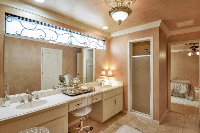 4009 Scenic Way, Granbury, TX 76049 - full bath with crown molding, double vanity, a stall shower, tile patterned floors, and ceiling fan