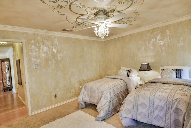 4009 Scenic Way, Granbury, TX 76049 - carpeted bedroom with baseboards, crown molding, and a ceiling fan