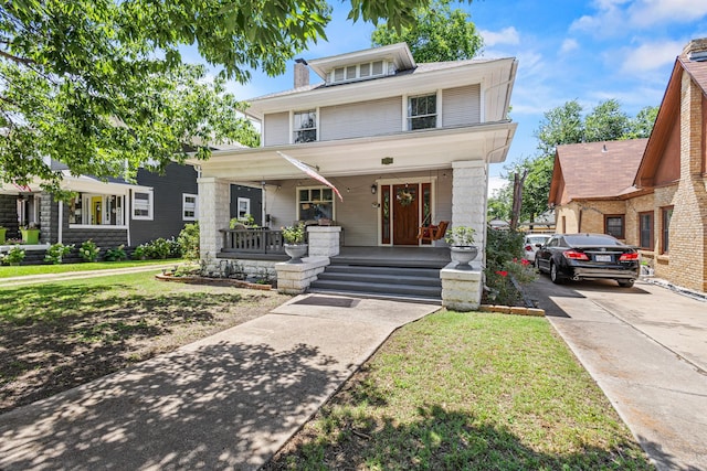2236 Alston Ave, Fort Worth, TX 76110 - american foursquare style home featuring covered porch, concrete driveway, and a chimney
