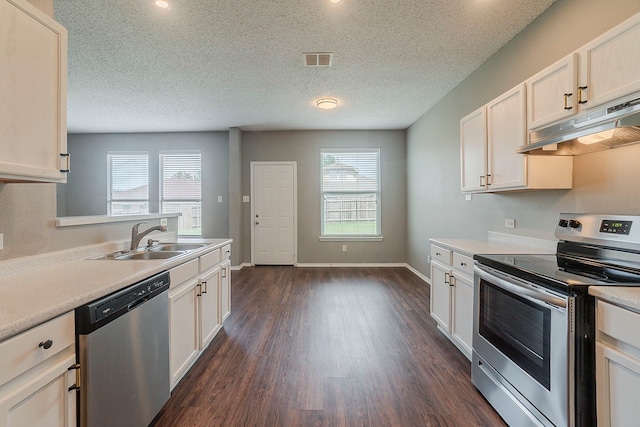 1010 Hanover Dr, Forney, TX 75126 - kitchen featuring appliances with stainless steel finishes, a sink, under cabinet range hood, dark wood-type flooring, and healthy amount of natural light