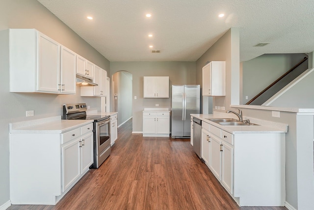 1010 Hanover Dr, Forney, TX 75126 - kitchen featuring stainless steel appliances, under cabinet range hood, a sink, dark wood-type flooring, and arched walkways