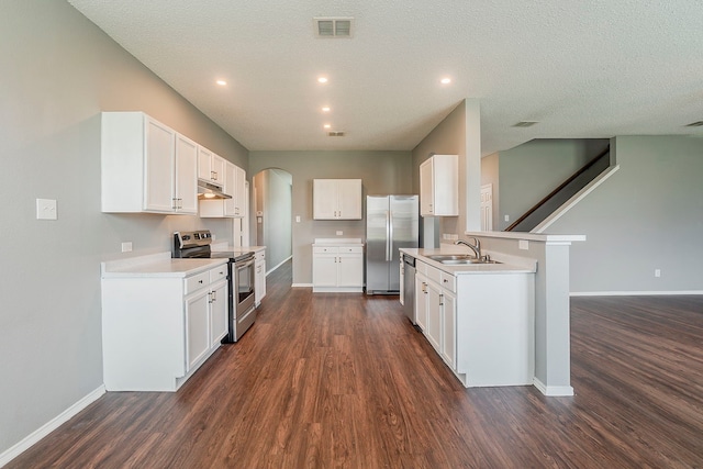1010 Hanover Dr, Forney, TX 75126 - kitchen featuring stainless steel appliances, under cabinet range hood, dark wood finished floors, a sink, and recessed lighting