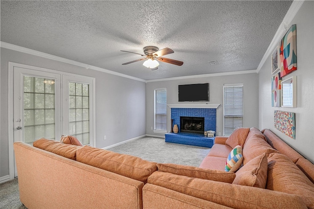 7333 Mesa Verde Trl, Fort Worth, TX 76137 - living area with carpet flooring, a ceiling fan, baseboards, ornamental molding, and a textured ceiling