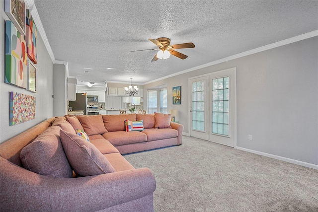 7333 Mesa Verde Trl, Fort Worth, TX 76137 - living room featuring a ceiling fan, a chandelier, ornamental molding, a textured ceiling, and baseboards
