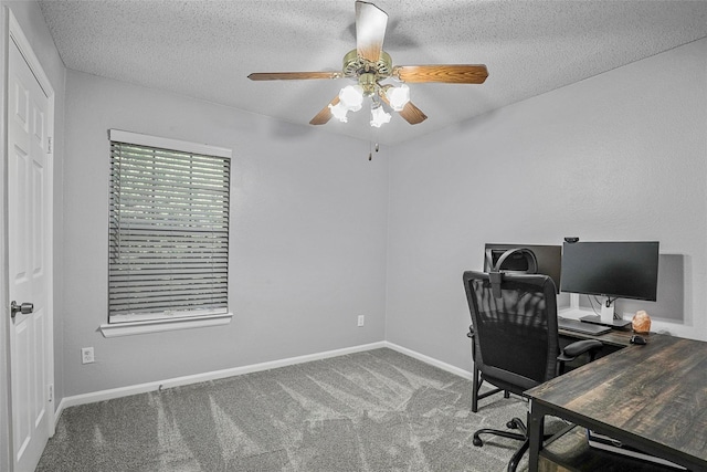 7333 Mesa Verde Trl, Fort Worth, TX 76137 - carpeted home office with ceiling fan, baseboards, and a textured ceiling