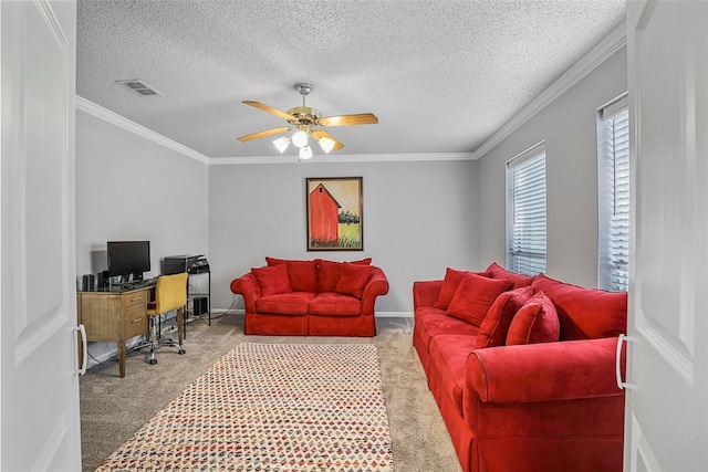 7333 Mesa Verde Trl, Fort Worth, TX 76137 - living area with carpet flooring, a ceiling fan, a desk, a textured ceiling, and ornamental molding