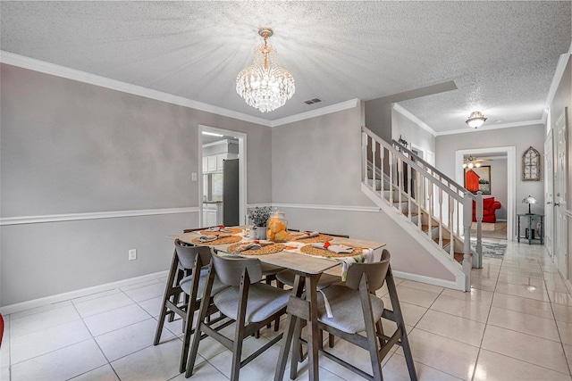 7333 Mesa Verde Trl, Fort Worth, TX 76137 - dining room featuring stairs, light tile patterned flooring, a chandelier, a textured ceiling, and ceiling fan