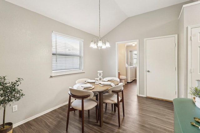 7243 Irish Valley Trl, Fort Worth, TX 76123 - dining area with dark wood-style flooring, vaulted ceiling, a chandelier, baseboards, and washer / clothes dryer