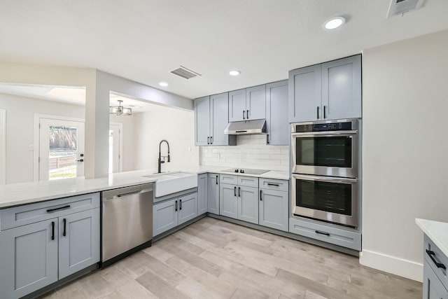 39 Highview Cir, Denton, TX 76205 - kitchen featuring stainless steel appliances, a sink, gray cabinetry, under cabinet range hood, and tasteful backsplash