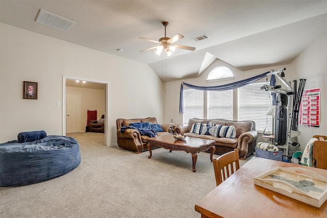 5040 Pallas Ct, Fort Worth, TX 76123 - carpeted living area featuring ceiling fan and vaulted ceiling