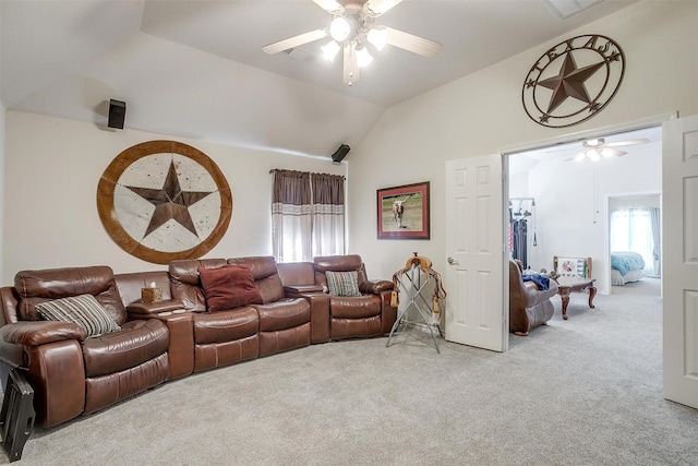 5040 Pallas Ct, Fort Worth, TX 76123 - living area featuring ceiling fan, light colored carpet, and vaulted ceiling