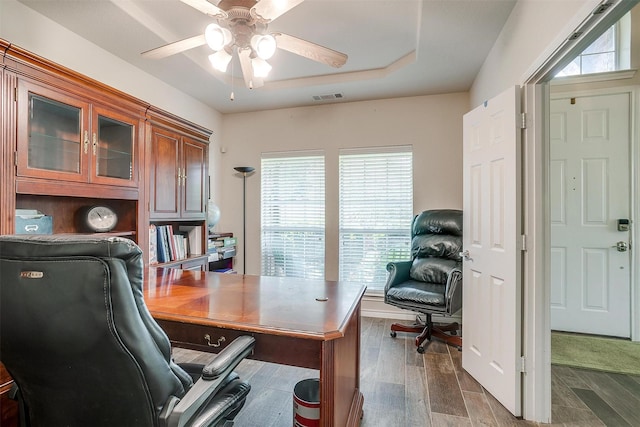 5040 Pallas Ct, Fort Worth, TX 76123 - office area featuring ceiling fan and dark wood-style flooring