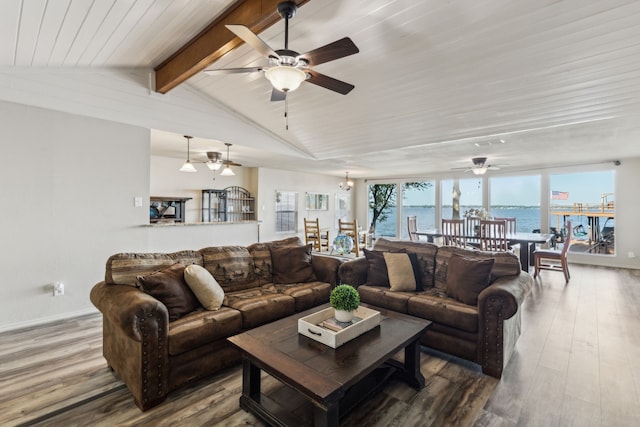 142 Peninsula Point Ter, Mabank, TX 75156 - living room with ceiling fan, wood finished floors, a water view, and wood ceiling