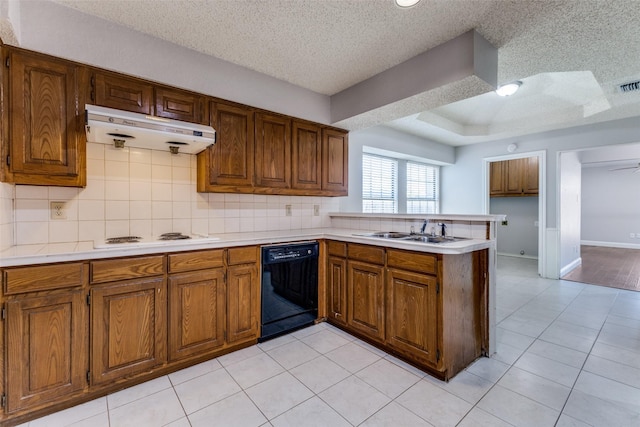 18609 Crownover Ct, Dallas, TX 75252 - kitchen with dishwasher, a sink, a peninsula, light countertops, and under cabinet range hood