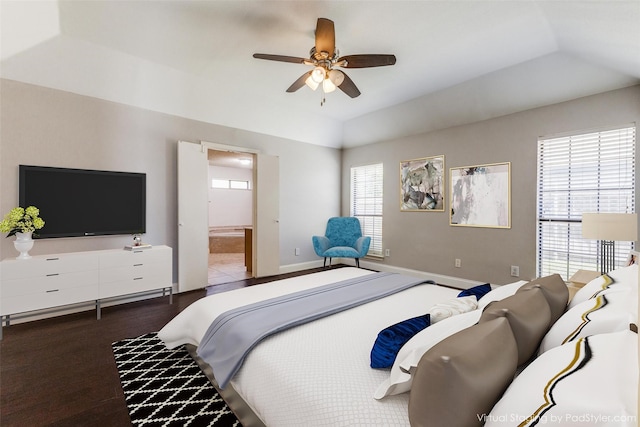 18609 Crownover Ct, Dallas, TX 75252 - bedroom with lofted ceiling, wood finished floors, connected bathroom, baseboards, and a ceiling fan
