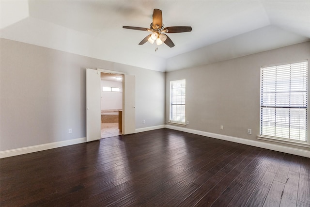 18609 Crownover Ct, Dallas, TX 75252 - unfurnished room featuring ceiling fan, lofted ceiling, dark wood-style floors, and baseboards