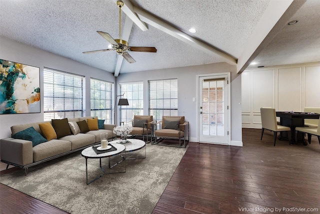 18609 Crownover Ct, Dallas, TX 75252 - living area featuring a textured ceiling, ceiling fan, wood-type flooring, beam ceiling, and recessed lighting
