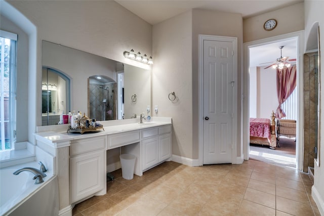 1113 Waterford Way, Allen, TX 75013 - full bathroom with vanity, a bath, a shower stall, tile patterned flooring, and ceiling fan