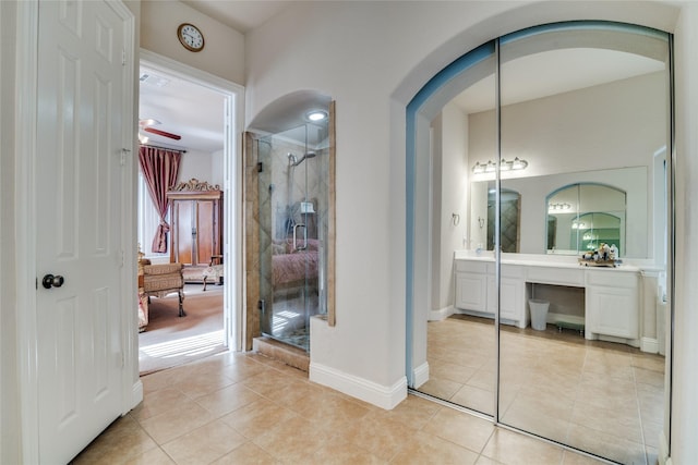 1113 Waterford Way, Allen, TX 75013 - bathroom with vanity, a shower stall, tile patterned flooring, and baseboards