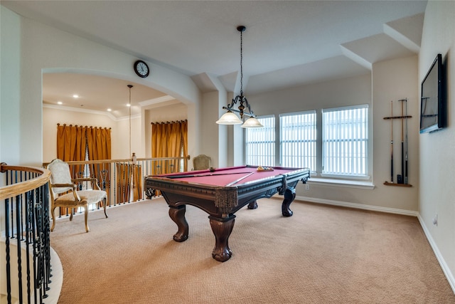 1113 Waterford Way, Allen, TX 75013 - rec room featuring carpet, arched walkways, billiards table, and baseboards