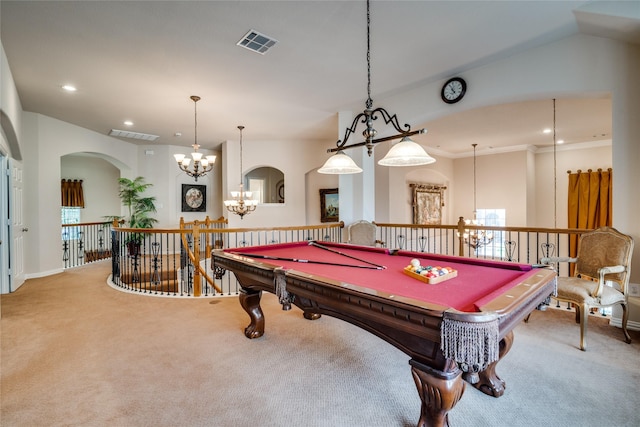 1113 Waterford Way, Allen, TX 75013 - game room featuring carpet flooring, a chandelier, recessed lighting, and pool table