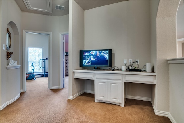 1113 Waterford Way, Allen, TX 75013 - office space featuring light carpet, built in desk, and baseboards