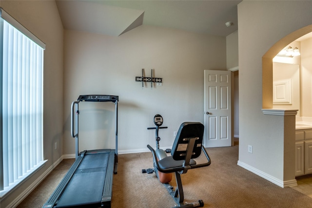 1113 Waterford Way, Allen, TX 75013 - workout area featuring arched walkways, carpet flooring, and baseboards