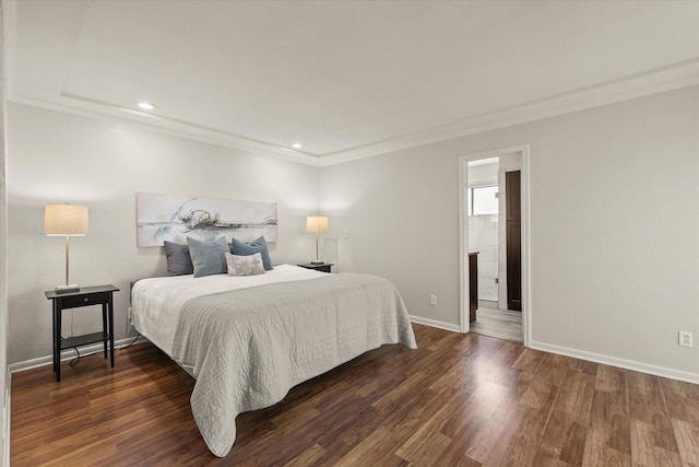 1646 Belltower Dr, Lewisville, TX 75067 - bedroom with crown molding, wood finished floors, baseboards, recessed lighting, and connected bathroom