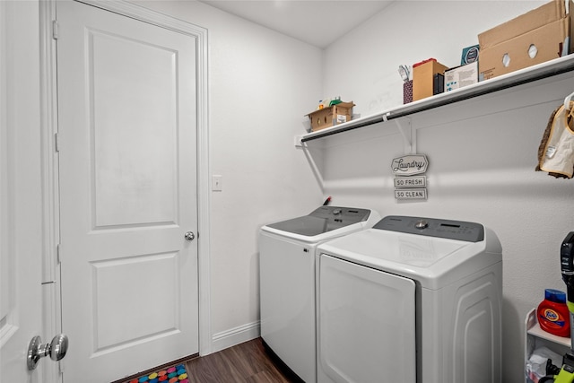 3657 Harebell Dr, Carrollton, TX 75007 - washroom featuring washing machine and dryer, dark wood-style flooring, and baseboards
