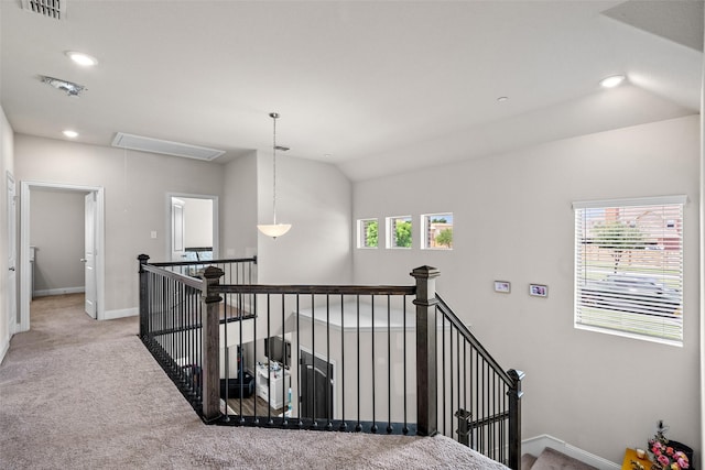 3657 Harebell Dr, Carrollton, TX 75007 - staircase featuring attic access, baseboards, carpet, recessed lighting, and vaulted ceiling
