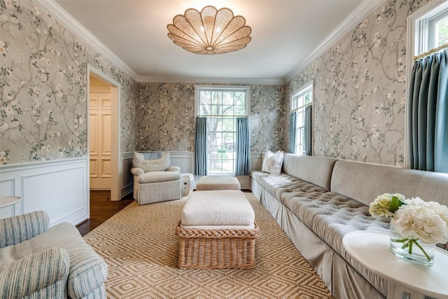 4560 Lorraine Ave, Highland Park, TX 75205 - living area with plenty of natural light, crown molding, wood finished floors, wainscoting, and wallpapered walls