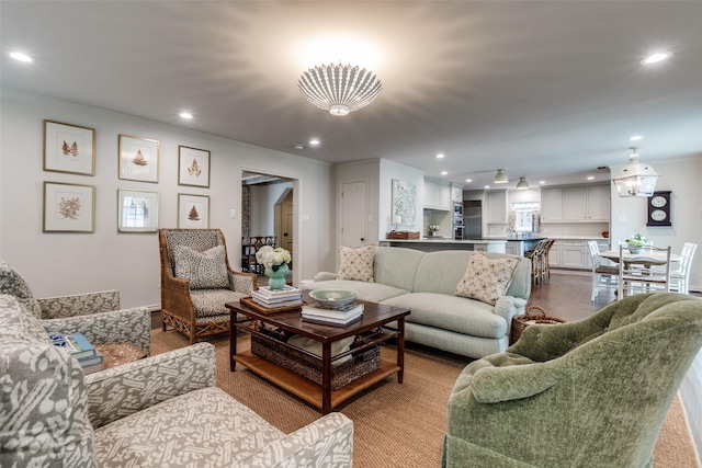 4560 Lorraine Ave, Highland Park, TX 75205 - living area featuring crown molding, dark wood-style flooring, recessed lighting, and baseboards