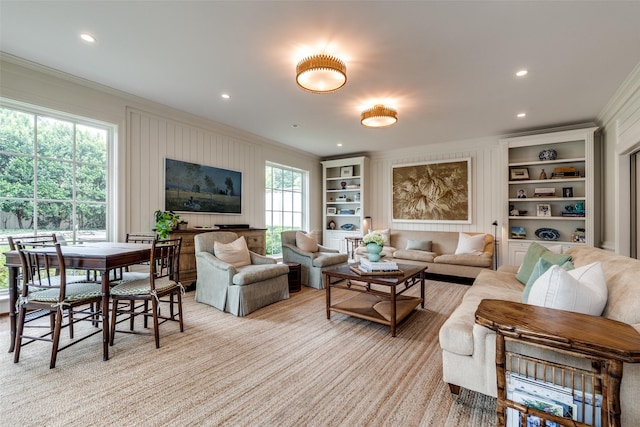 4560 Lorraine Ave, Highland Park, TX 75205 - living area with ornamental molding, built in shelves, and recessed lighting