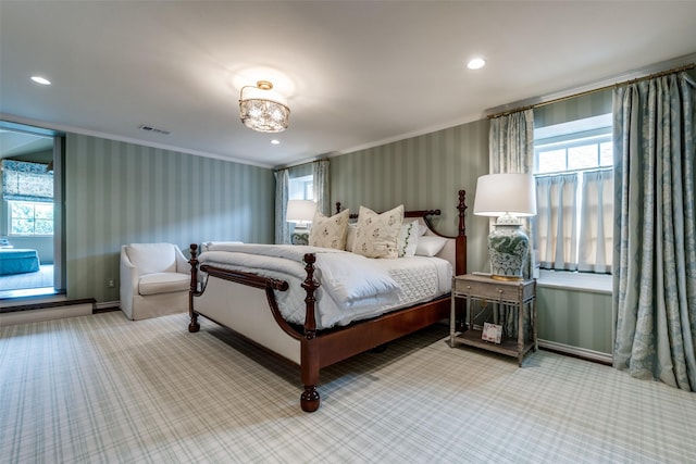 4560 Lorraine Ave, Highland Park, TX 75205 - carpeted bedroom with wallpapered walls, crown molding, multiple windows, baseboards, and recessed lighting