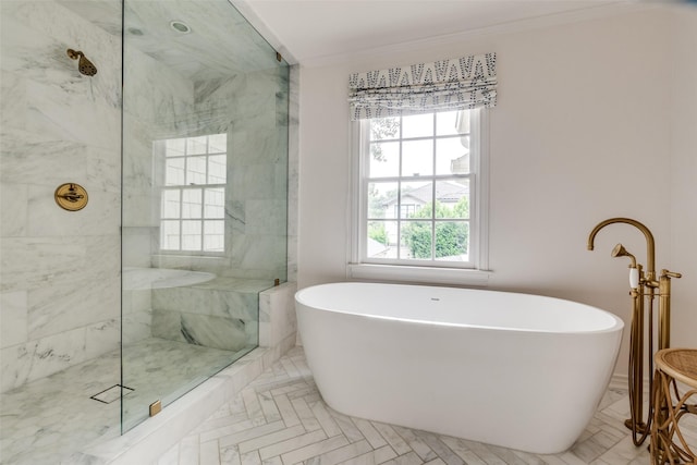 4560 Lorraine Ave, Highland Park, TX 75205 - bathroom featuring a marble finish shower, a freestanding bath, and crown molding