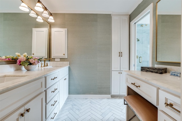 4560 Lorraine Ave, Highland Park, TX 75205 - full bath with double vanity, ornamental molding, and a stall shower