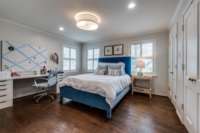 4560 Lorraine Ave, Highland Park, TX 75205 - bedroom with ornamental molding, multiple windows, dark wood-style flooring, an office area, and recessed lighting