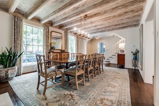 4560 Lorraine Ave, Highland Park, TX 75205 - dining room featuring a chandelier, stairway, dark wood-style flooring, wood ceiling with exposed beams, and baseboards