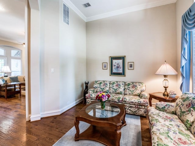 7805 Chapel View Dr, Mckinney, TX 75072 - living area featuring wood finished floors, ornamental molding, baseboards, and a ceiling fan