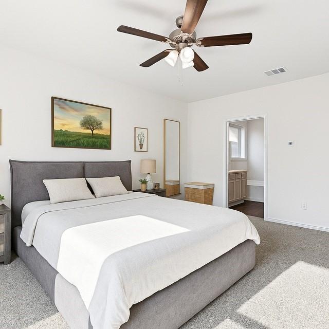 11216 Ponderosa Trl, Aubrey, TX 76227 - bedroom featuring carpet flooring, ceiling fan, baseboards, and ensuite bath
