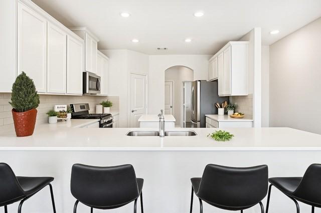 11216 Ponderosa Trl, Aubrey, TX 76227 - kitchen with stainless steel appliances, a sink, arched walkways, light countertops, and recessed lighting