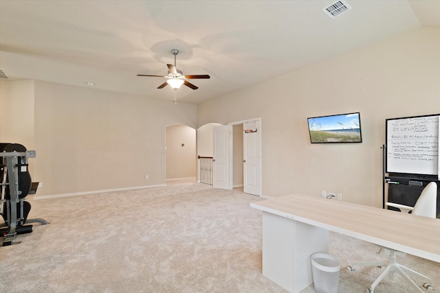 4708 River Edge Pl, Frisco, TX 75036 - unfurnished office featuring ceiling fan, arched walkways, light colored carpet, vaulted ceiling, and baseboards