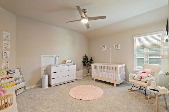 4708 River Edge Pl, Frisco, TX 75036 - bedroom featuring a crib, carpet, baseboards, vaulted ceiling, and a ceiling fan