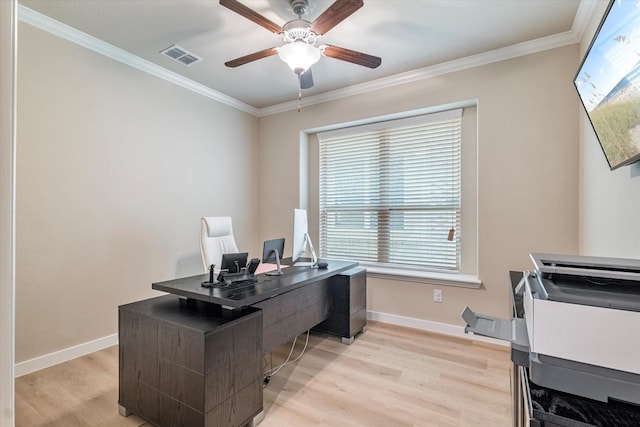 4708 River Edge Pl, Frisco, TX 75036 - office area featuring light wood-type flooring, ceiling fan, plenty of natural light, crown molding, and baseboards