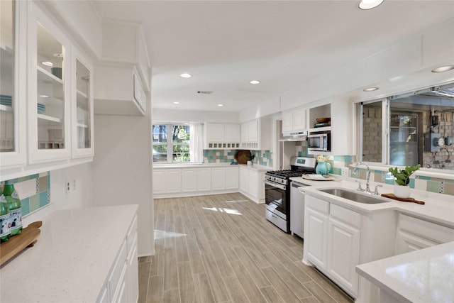 205 N College St, Mckinney, TX 75069 - kitchen featuring a sink, appliances with stainless steel finishes, tasteful backsplash, light stone counters, and white cabinetry